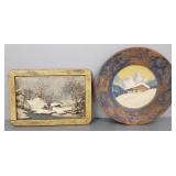 2 oil paintings: 12" Swiss chalet on wood plate &