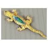 Native gold reptile brooch w/ green/ blue stone-