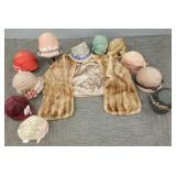 Gp vintage ladies hats & mink stole & hat stand