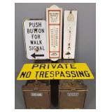 6 metal items: 2 vintage signs, 2 thermometers &