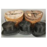 3 antique beaver top hats with 2 leather hat boxes