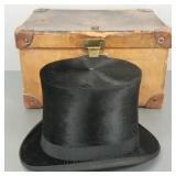 Antique beaver top hat w/ leather case- E.G.