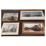4 railroad engine lithos: 1 pencil signed (1 frame