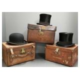 Antique leather hat box & beaver top hat w/