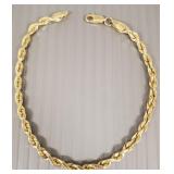 14k gold rope chain bracelet- 5.8g, 7 3/4"L