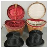2 antique leather top hat boxes w/ antique derby