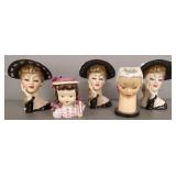 5 ceramic head vases incl Japan, etc- 7" tallest