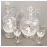 4 pcs antique Mary Gregory style decorated glass: