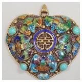 Vintage enameled gilt silver heart pendant set