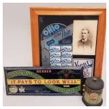 3 advertising barber shop items: razor blade