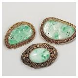 3 vintage jade brooches set in gilt silver- 1 1/2"