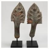 Pair antique bronze Naga finials mounted on bases