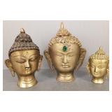 3 brass Buddha heads- 9"H tallest