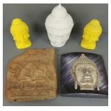 5 Asst Buddha head items & figural plaque incl