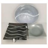 3 pcs art glass: two square trays & one 16" bowl