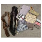 Gp designer style purses, belts, 2 fur items,