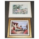 2 Lg framed artworks: signed Elaine watercolor &