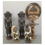 5 African carved wood figures- 3 w/ applied bead