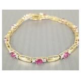 10K gold bracelet set with synthetic rubies & tiny