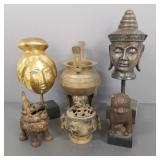 Gp Asian metalware, etc incl iron Foo dog censor,