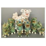 11 pottery Foo dogs incl 5 pair- 15"H 14"W largest