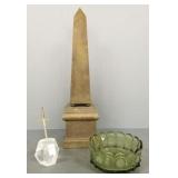 3 items: brass obelisk (23"H), Fostoria coin spot