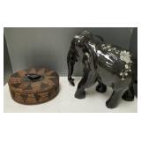 2 items: mother of pearl inlaid elephant & woven/