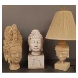 3 Buddha head, etc items incl lamp-