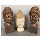 3 pottery, etc Buddha heads- 18 1/2" tallest