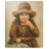 Signed oil on board: young girl with yarn- framed