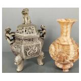 2 Asian items: carved stone vase w/ dragon motif