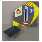 2 pcs art glass: large tile w/ stand &