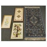Oriental pattern rug & 3 framed needleworks- rug-