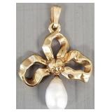 14k gold bow pendant w/ pearl- 2.6g, 1"L