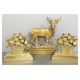 3 pcs antique English brass: stag doorstop &