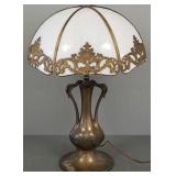 Antique slag glass lamp w/ bird motif base-