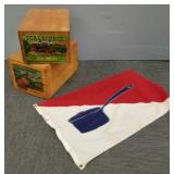 2 wood advertising crates & flag- 11"H 12"W
