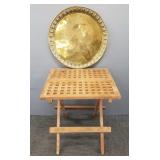 Teak folding table & large ornate brass tray-