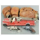 Gp incl vintage Post boxing gloves, Hubley fire