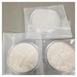 3 U.S. silver Eagle $1- .999 silver coins