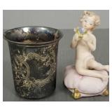 Antique 830 silver cup & mini porcelain figure-