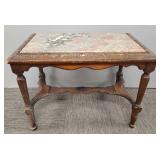 Carved walnut table w/ marble insert- 19"H,