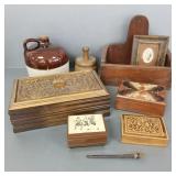 Group woodware & crock jug: 4 boxes incl 8" x