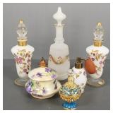 5 asst perfume bottles & 1 porcelain covered