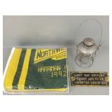 3 railroad items incl car badge 5"H 11"W, lantern