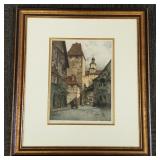 Framed pencil signed colored engraving Rothenburg-