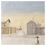 Antique folk art painting on tin- farm scene with