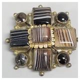 Victorian banded agate gilt metal brooch: 1 7/8"