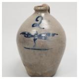 Early 2 gal ovoid stoneware jug with blue