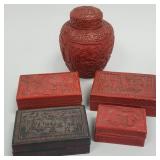 5 pcs. vintage cinnabar including 7" ginger jar &